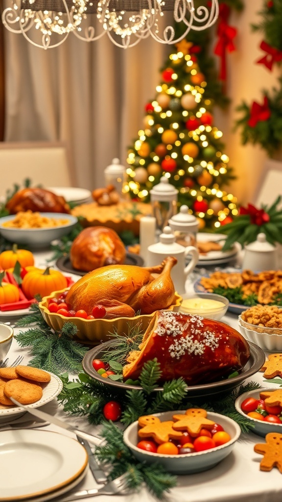 A festive Christmas dinner buffet with roasted turkey, glazed ham, vegetables, and desserts on a decorated table.